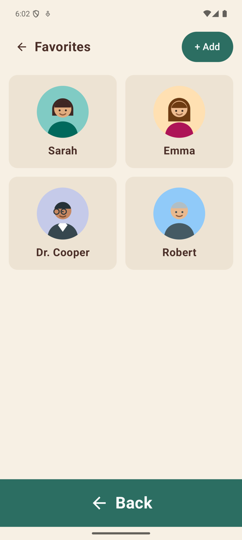 Favorites screen: four large cards with a picture and name for each person, one tap to call