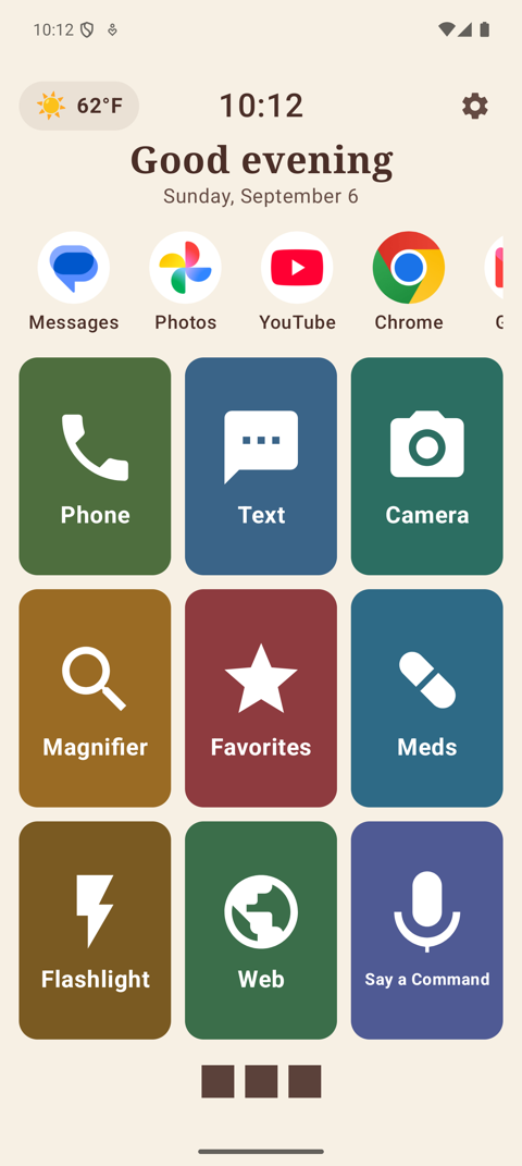 Elsie home screen: weather and the time at the top with a greeting and the date, a row of favorite apps, and a grid of large color-coded buttons: Phone, Text, Camera, Magnifier, Favorites, Meds, and more